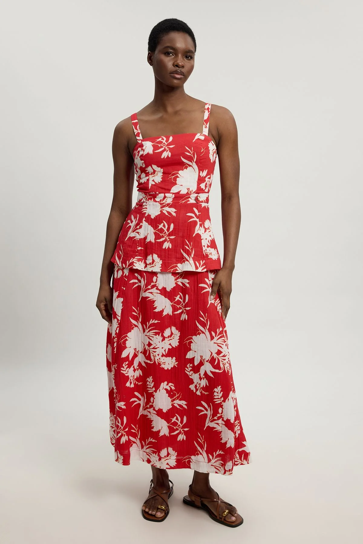 Double Cloth Printed Bandeau Peplum Midi Dress - 1