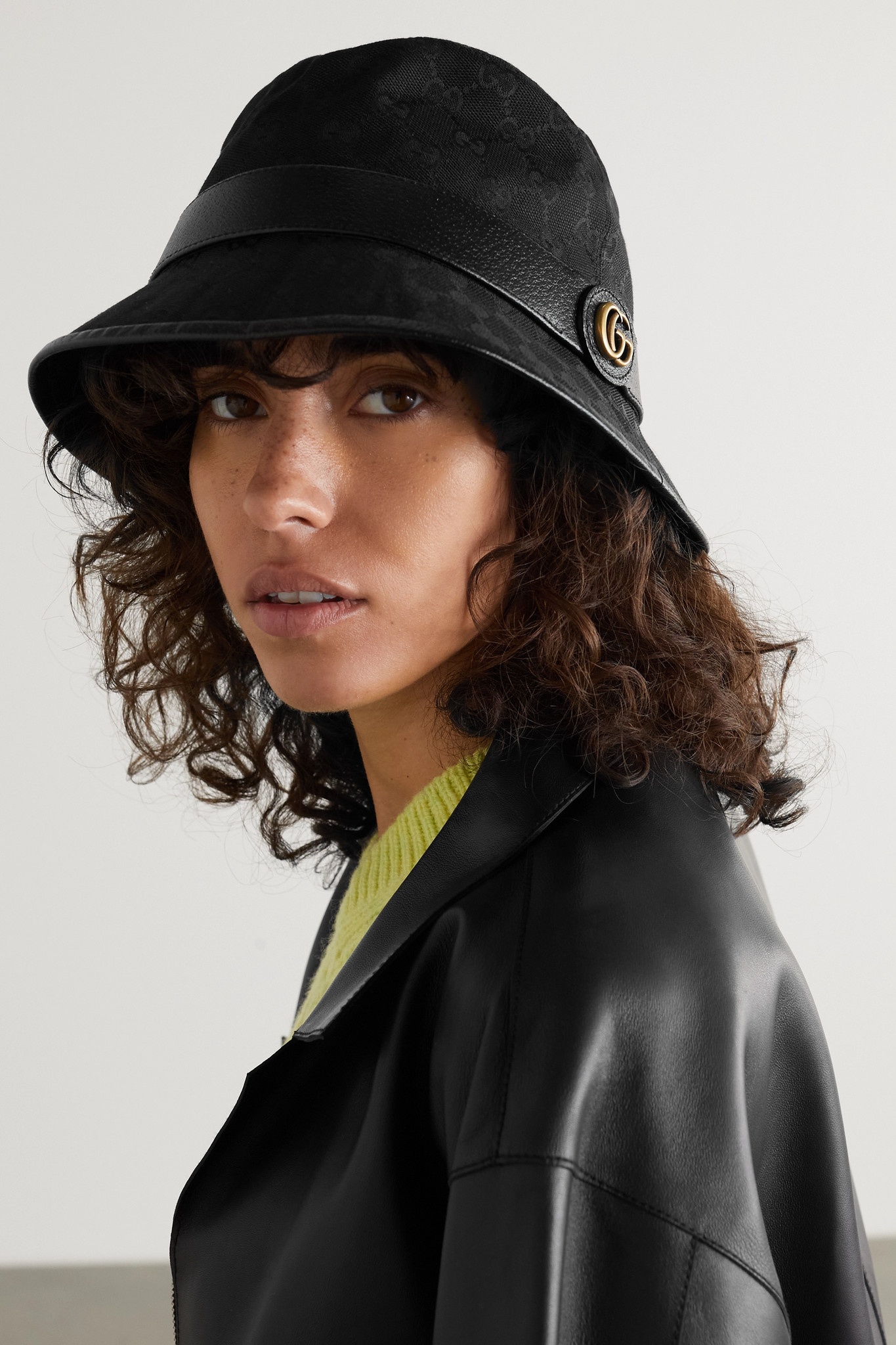 Leather-trimmed canvas-jacquard bucket hat - 2