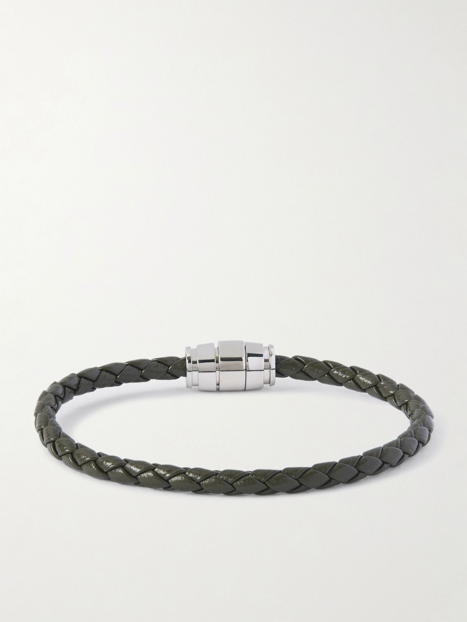 Silver-Tone Woven Leather Bracelet Black - 3