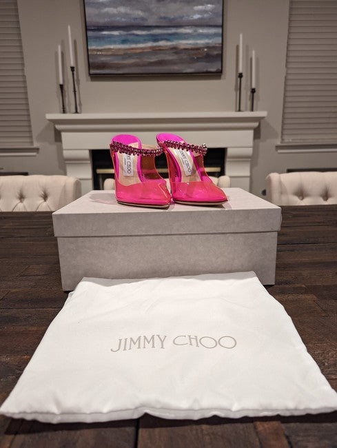 JIMMY CHOO Fuchsia Bing 100 Neon Pvc and Crystal-embellished Satin Mules/Slides - 6