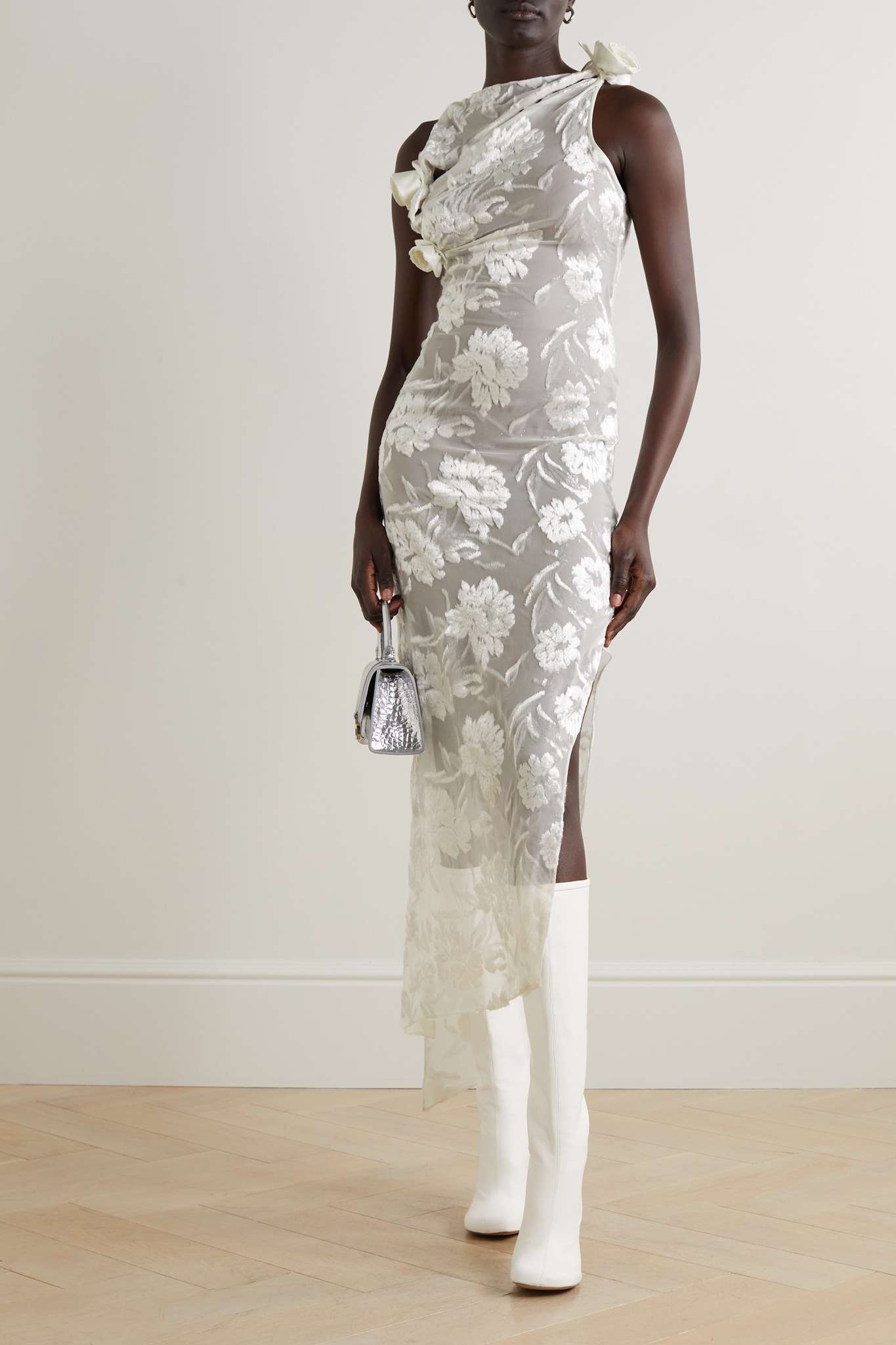 Asymmetric appliquéd metallic fil coupé voile dress - 2