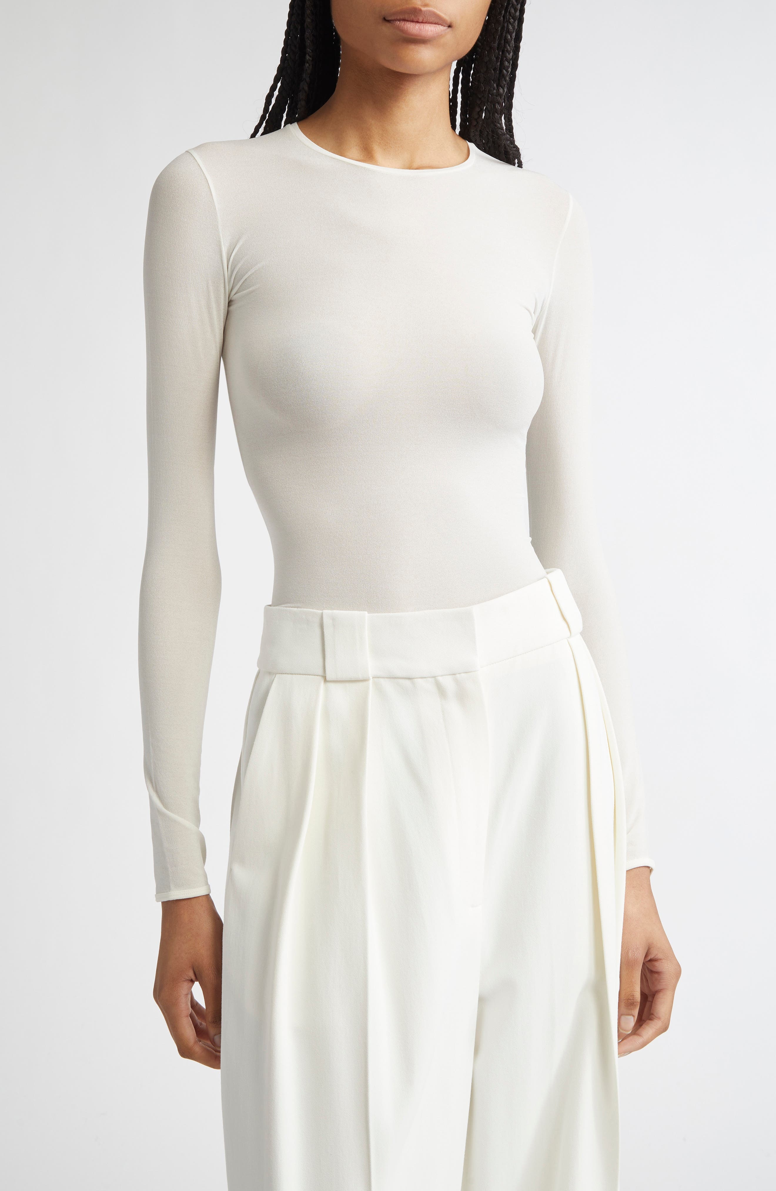 FFORME Fitted Long Sleeve Stretch Silk Top in Off White at Nordstrom - 1