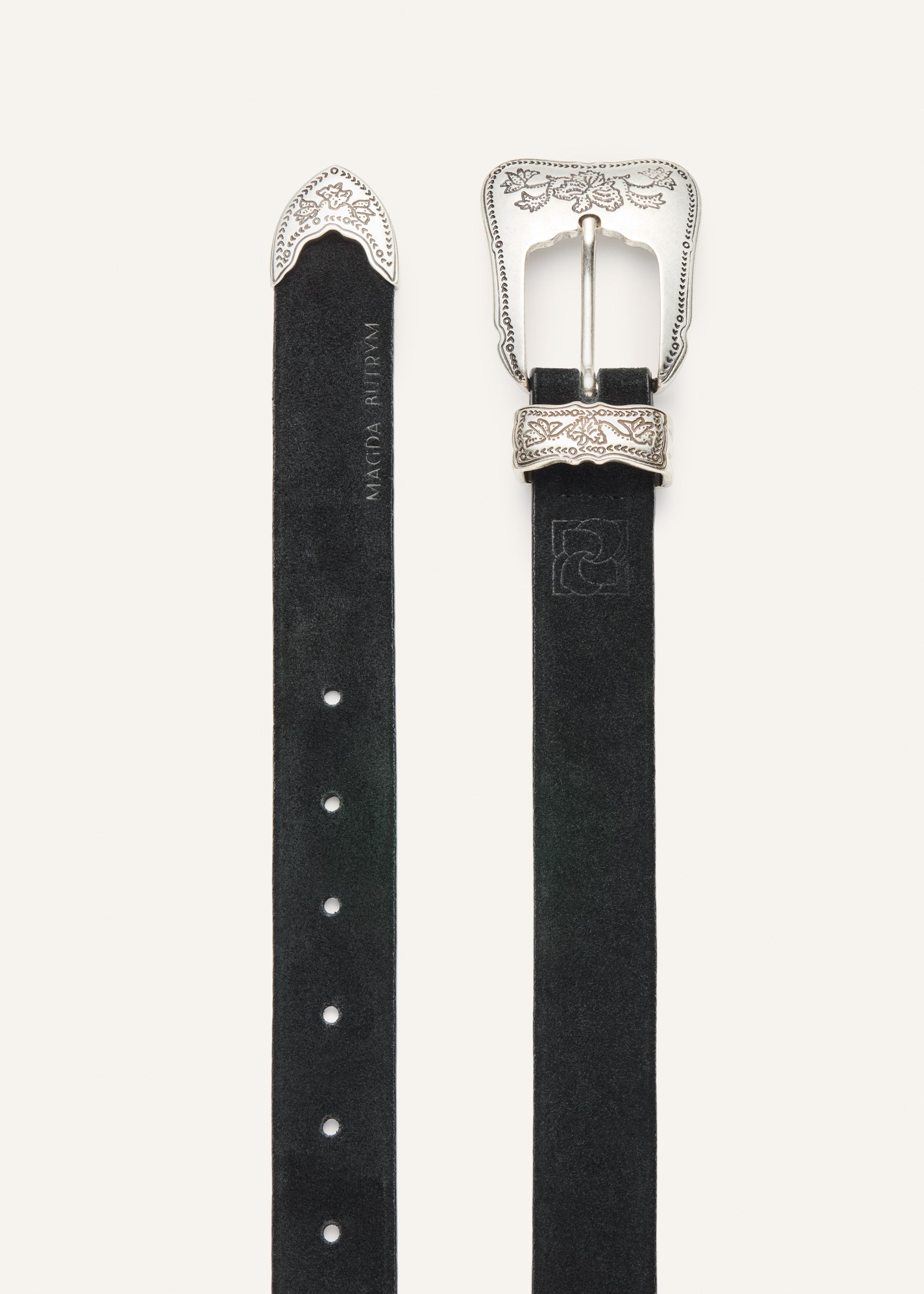 Engraved silver buckle belt in black suede - 2