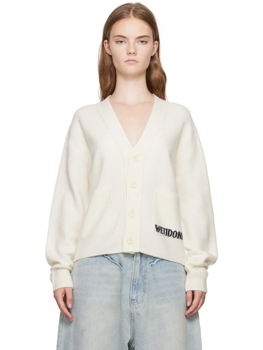 White Jacquard-Logo Cardigan - 1