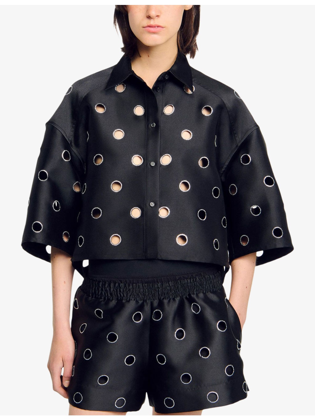 Rhinestone-Embellished Cut-Out Cropped Woven Shirt - 3