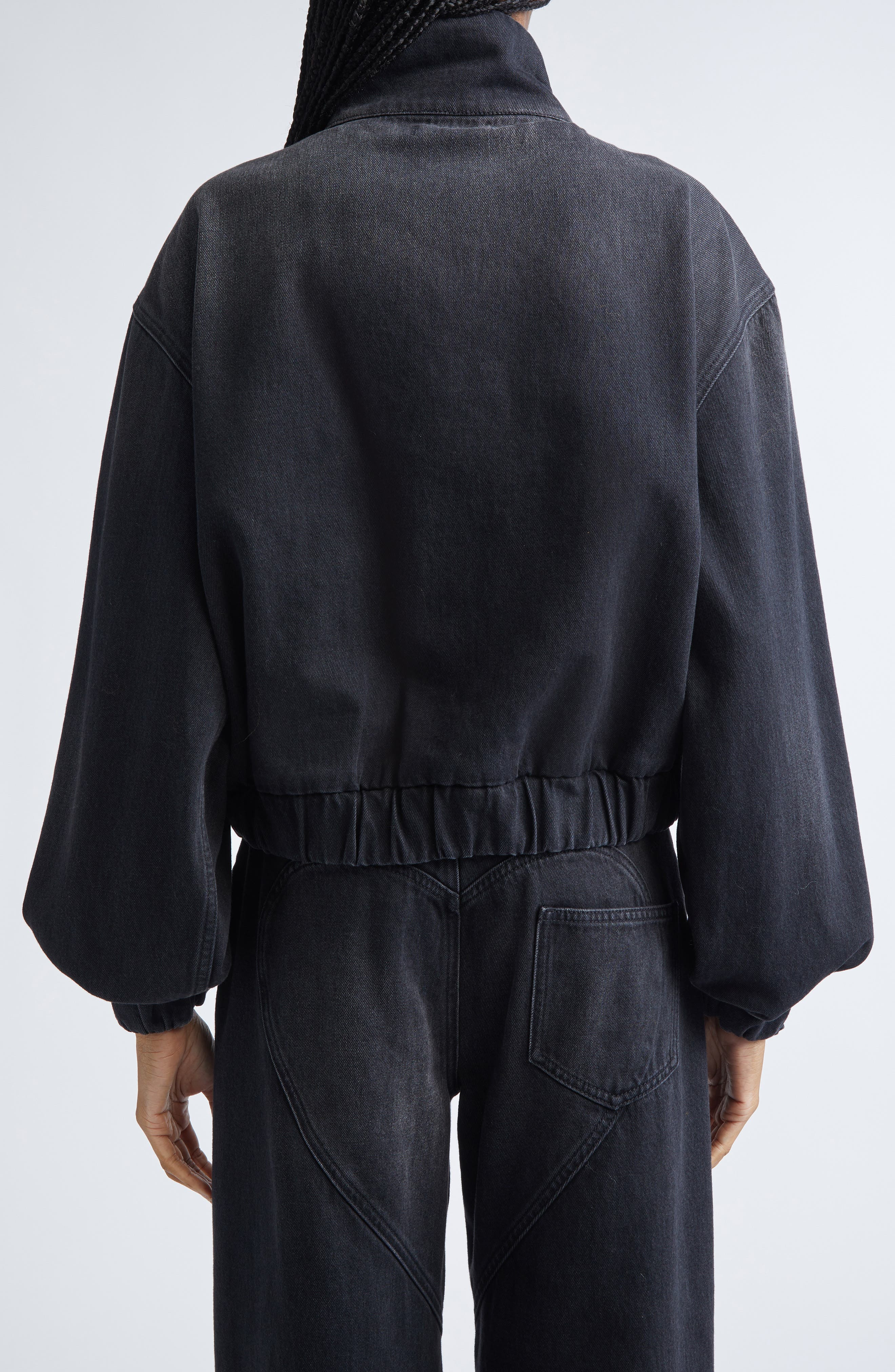 Area Crystal Chain Cutout Denim Bomber Jacket in Washed Black at Nordstrom - 2