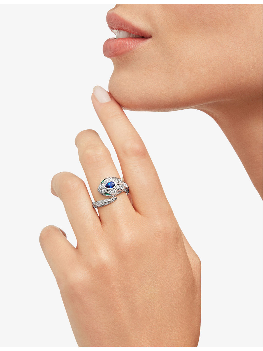 Serpenti Viper 18ct white-gold, 1.35ct brilliant-cut diamond, 0.58ct sapphire and 0.09ct emerald rin - 3