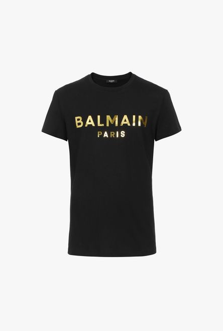 Black cotton T-shirt with gold metallic-effect Balmain Paris logo - 1