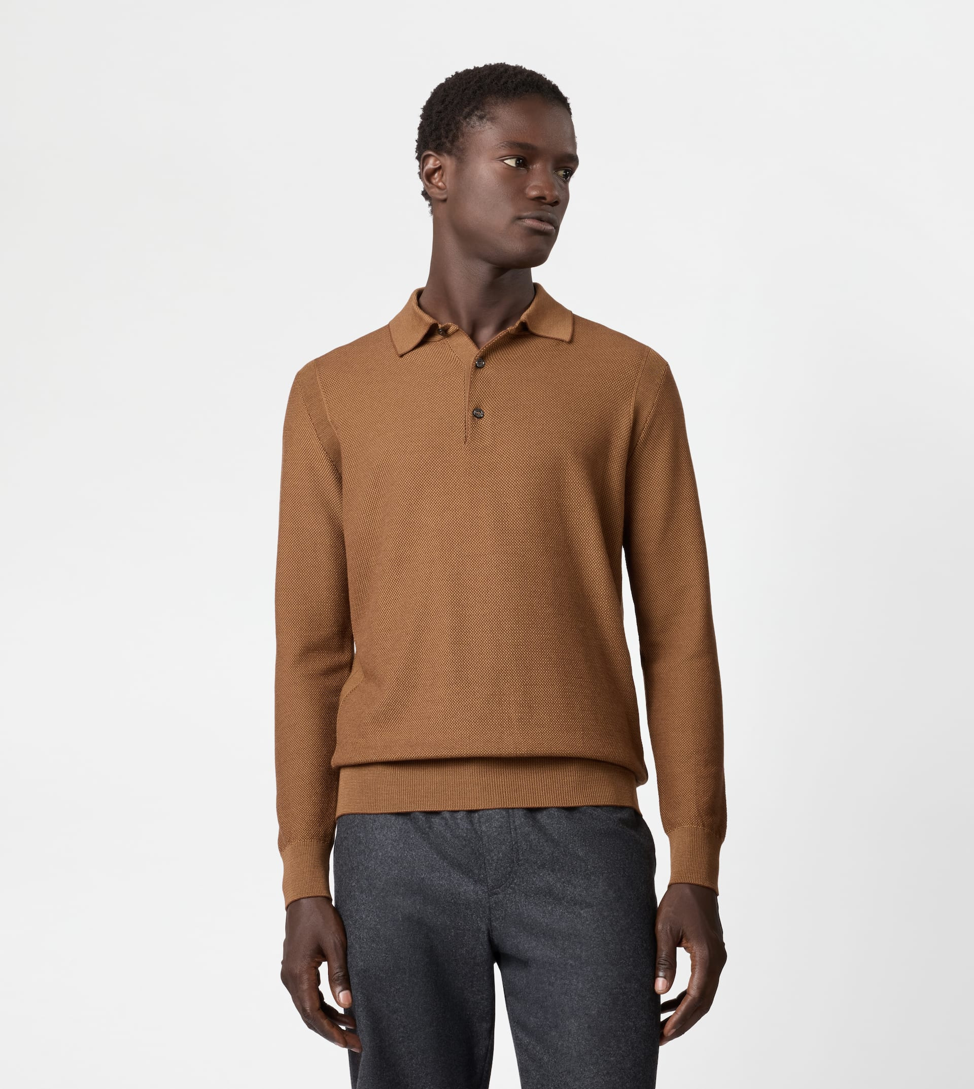 POLO SHIRT IN WOOL PIQUET - BROWN - 3