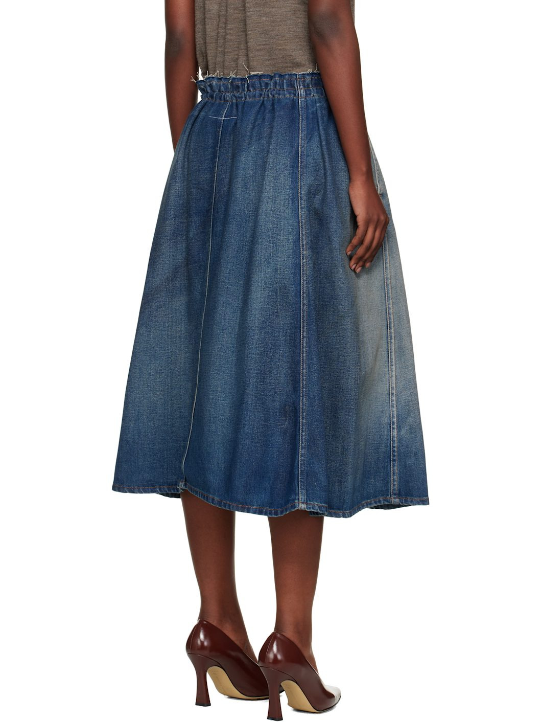 Blue Drawstring Denim Midi Skirt - 3