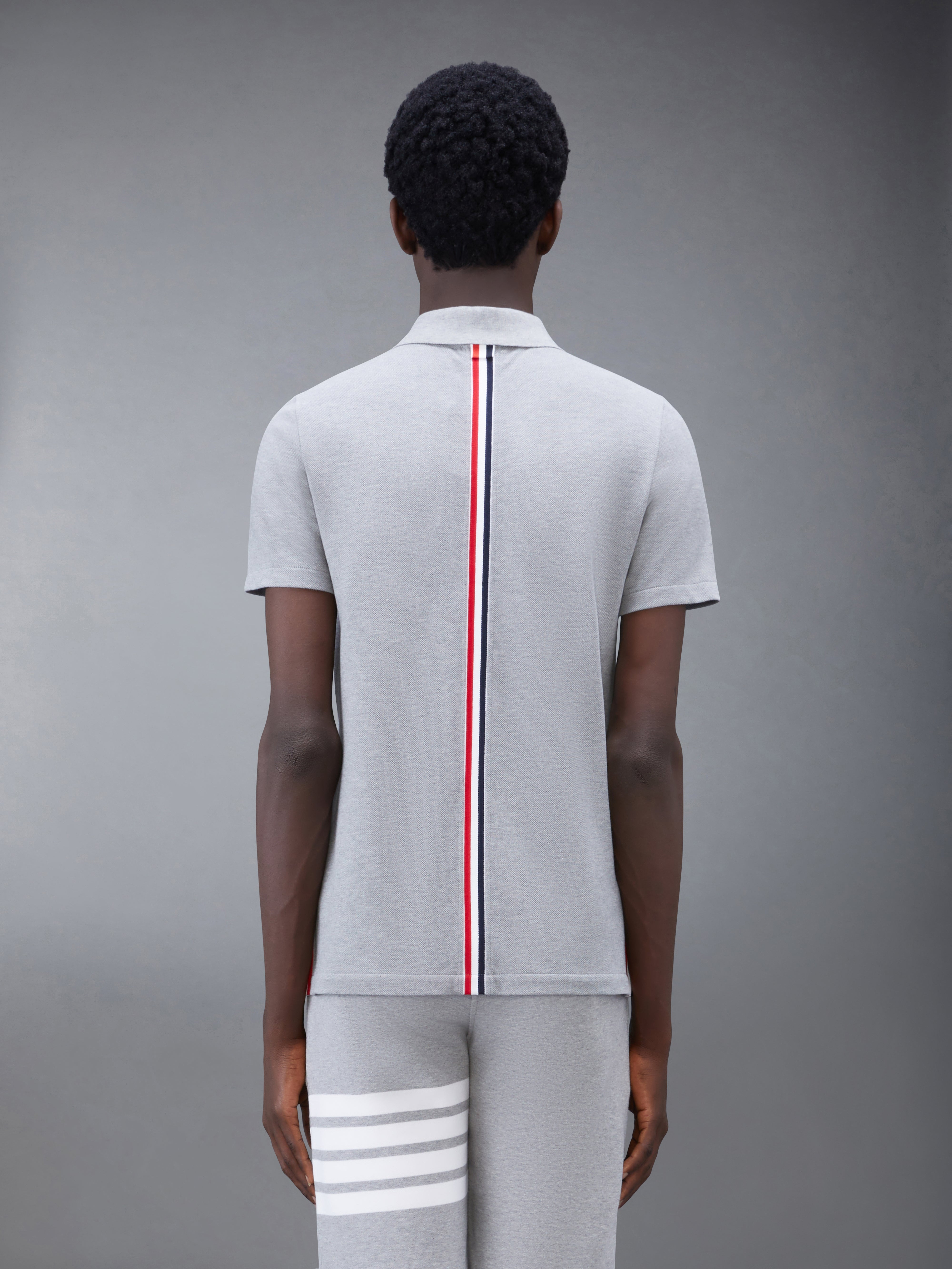 Light Grey Cotton Pique Center Back Stripe Relaxed Fit Polo - 2