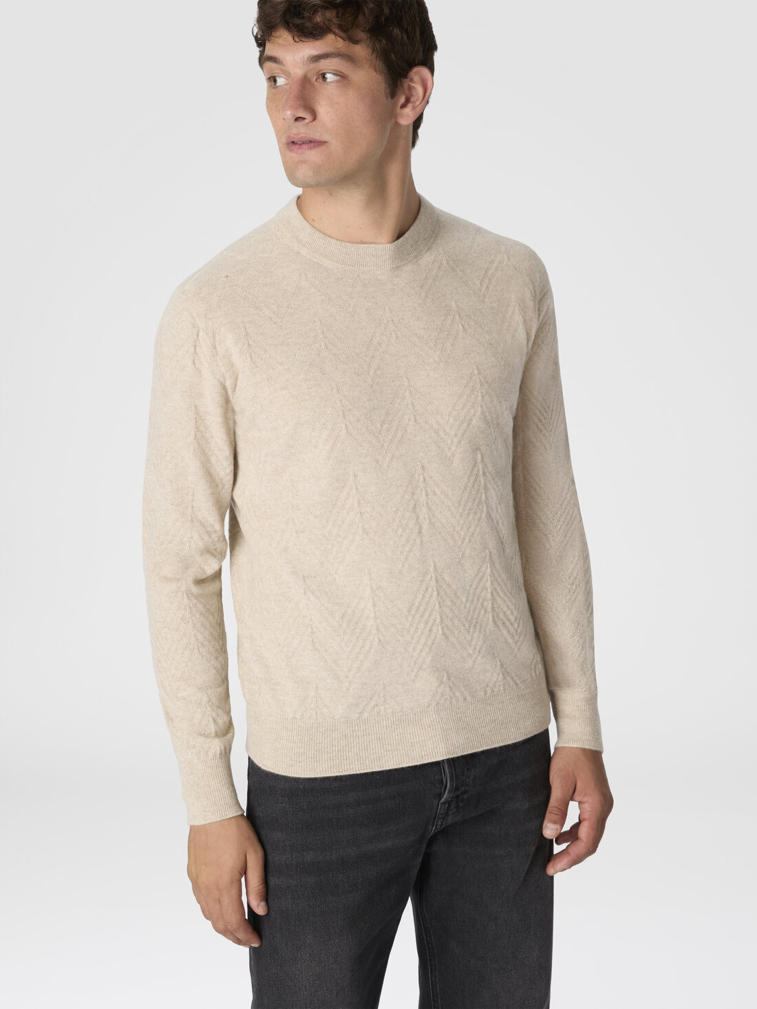 Crew neck sweater in pure cashmere with chevron pattern - 4