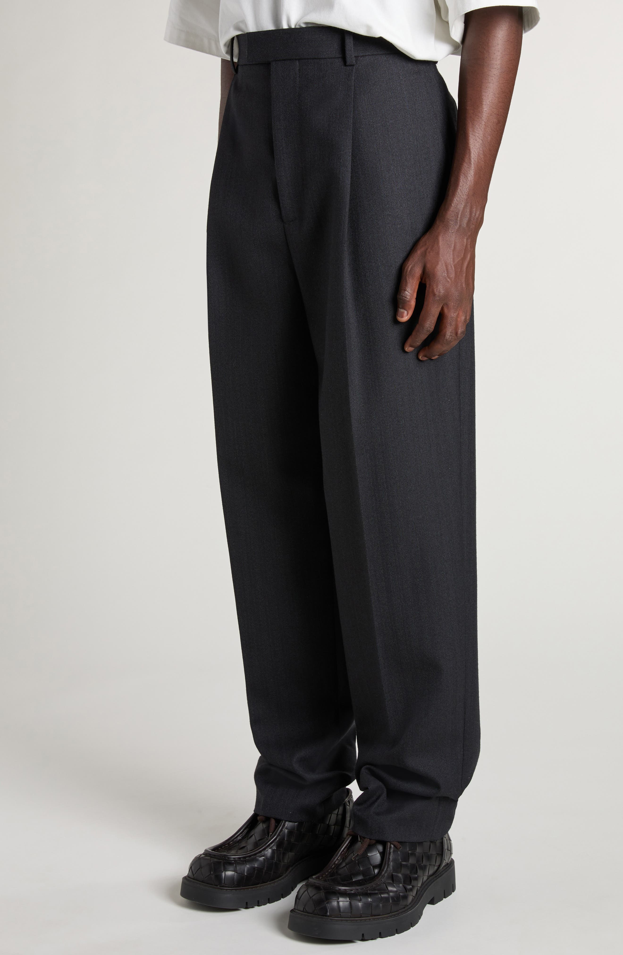 Bottega Veneta Pleated Subtle Stripe Wool Trousers in 1292 Black/Dark Blue at Nordstrom - 5
