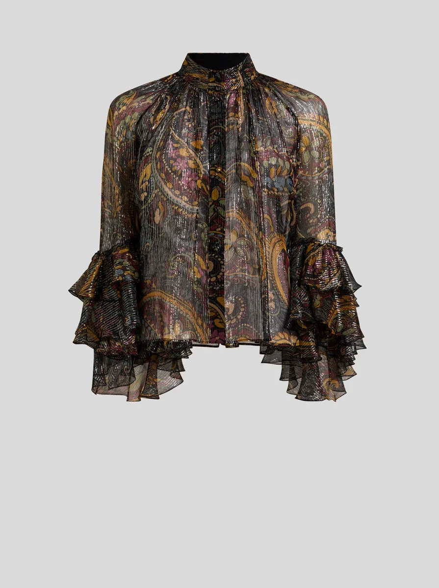 SILK SHIRT WITH RUFFLES AND STRIPED FLORAL PAISLEY MOTIF - 1