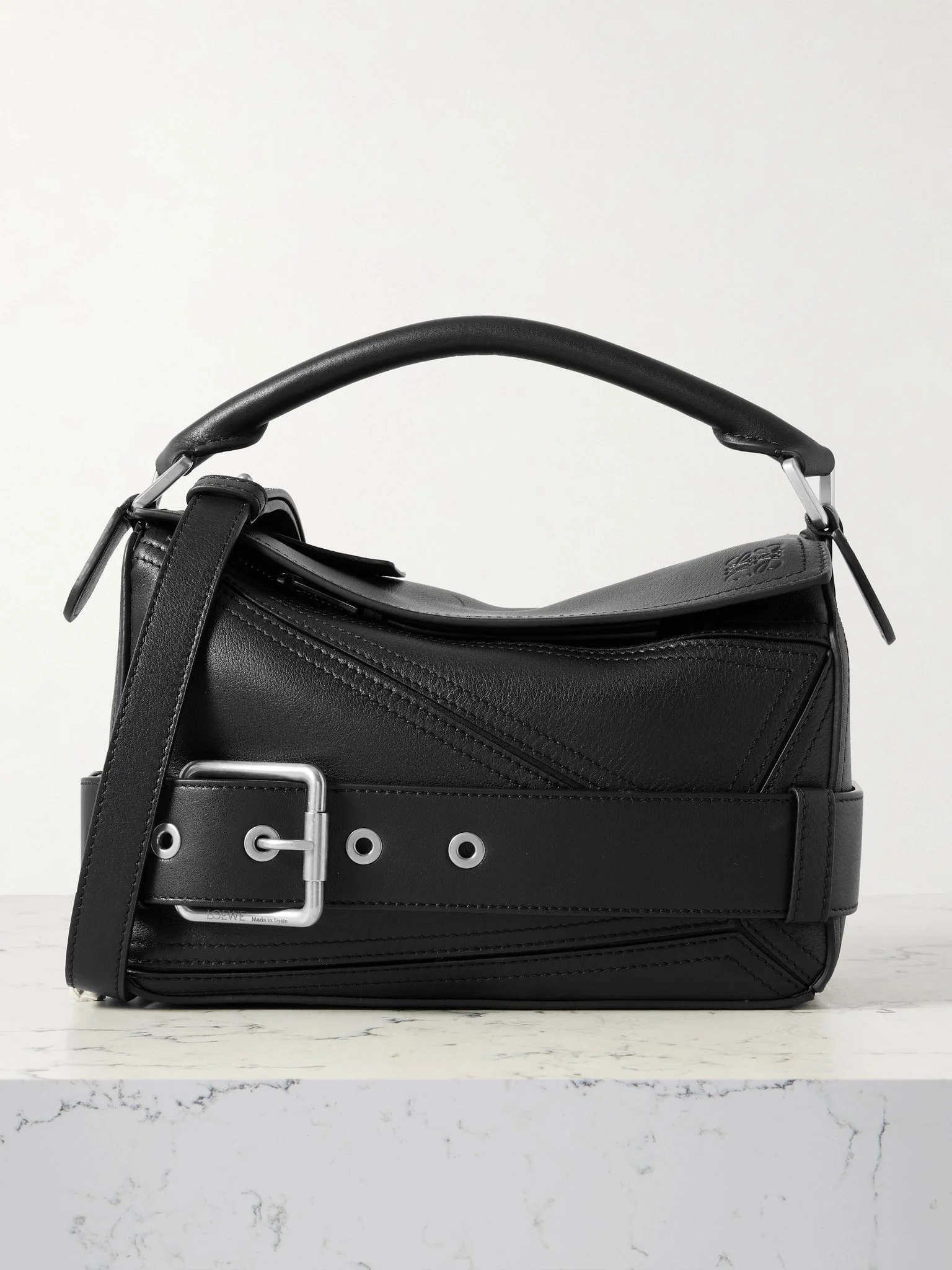 Puzzle Biker small belted leather tote Black - 1