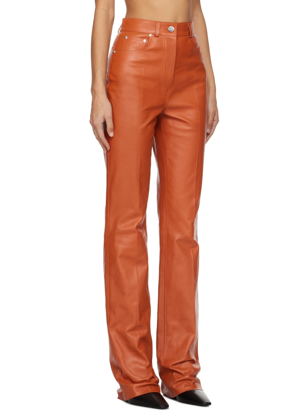 Orange Five-Pocket Leather Pants - 2