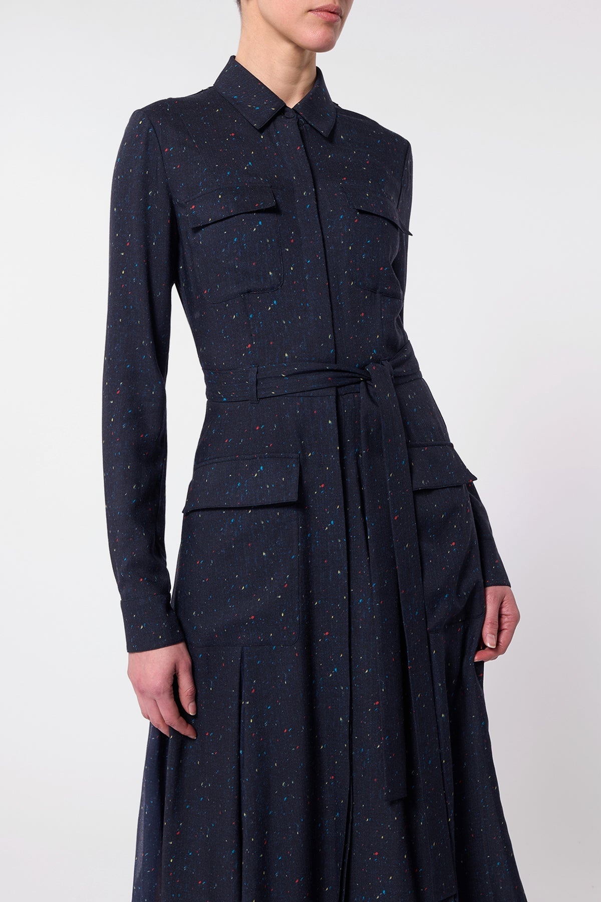 Meyer Pleated Shirtdress in Dark Navy Multi Wool Silk - 5