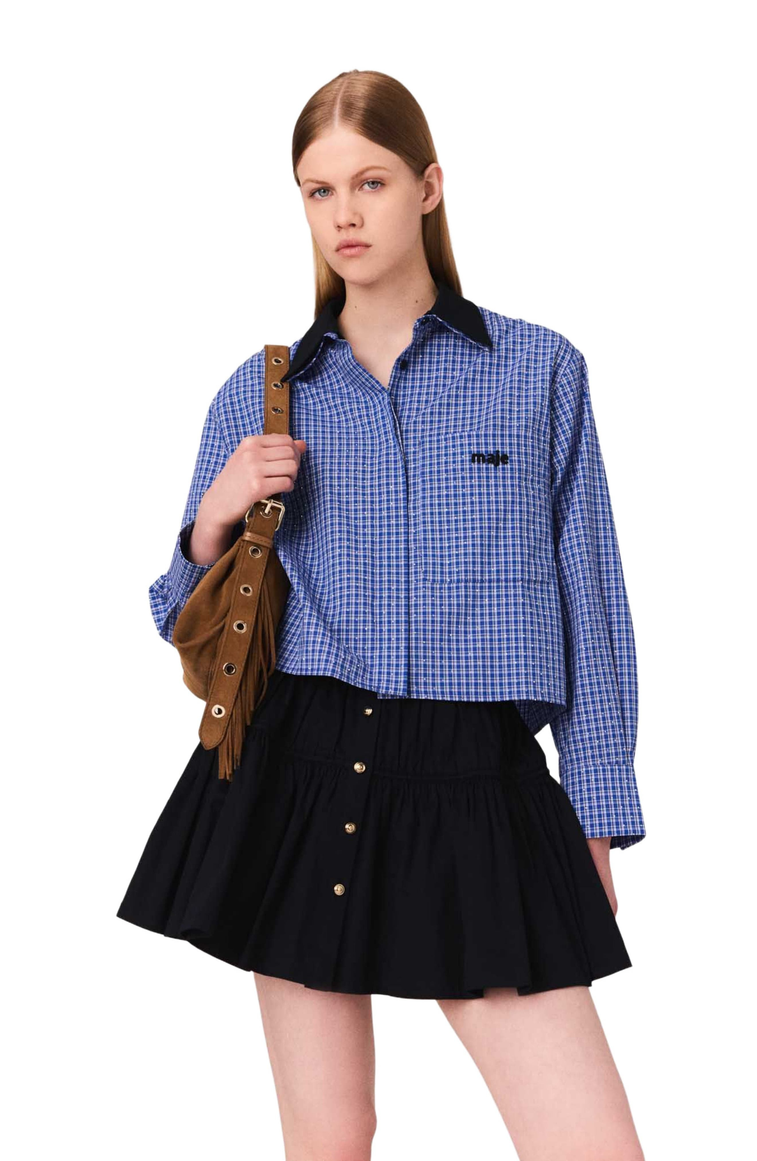 maje Removable collar rhinestone shirt in Blue Rhinestoned Tiles Print at Nordstrom - 4