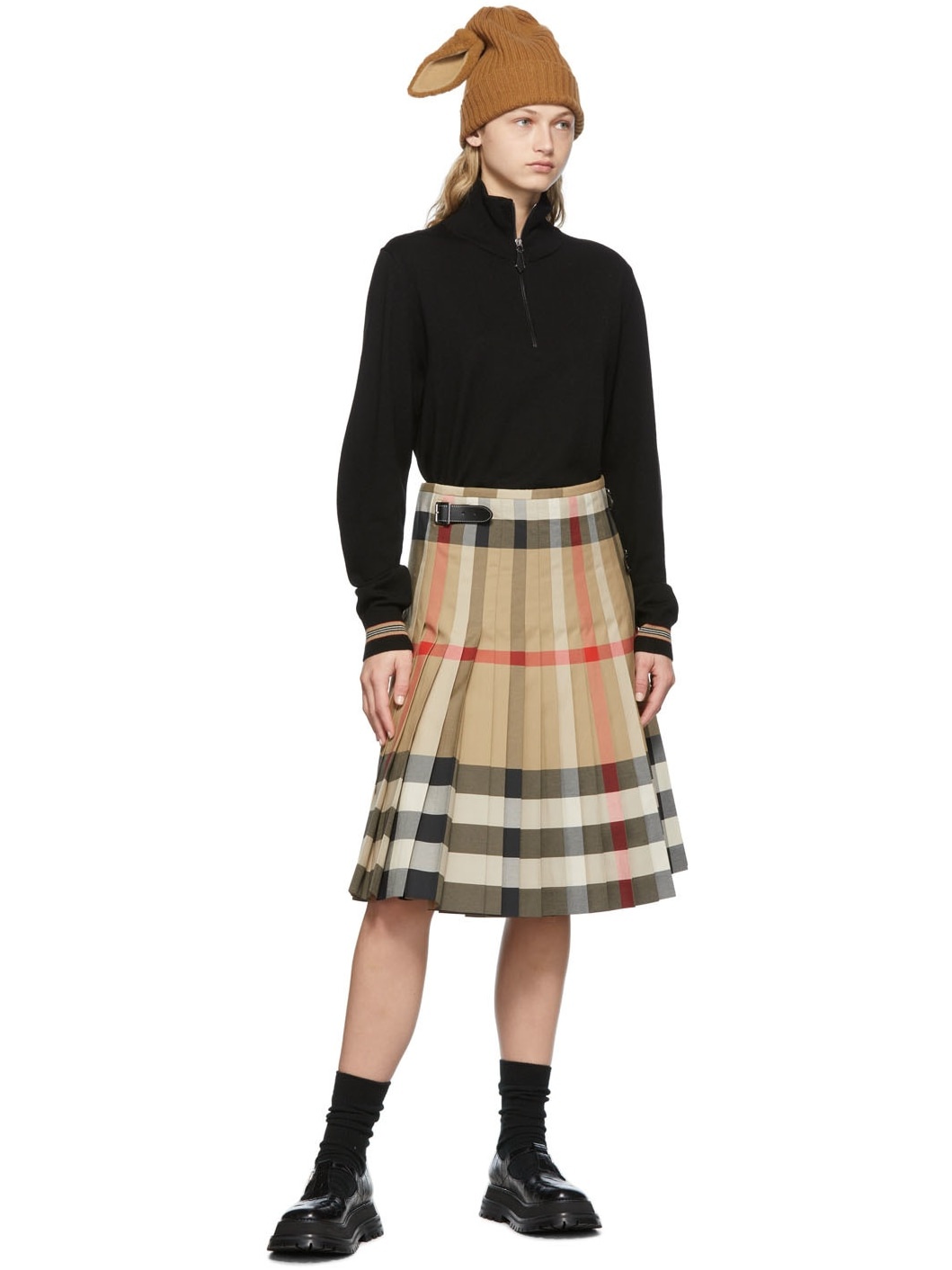 Beige Pleated Check Skirt - 4