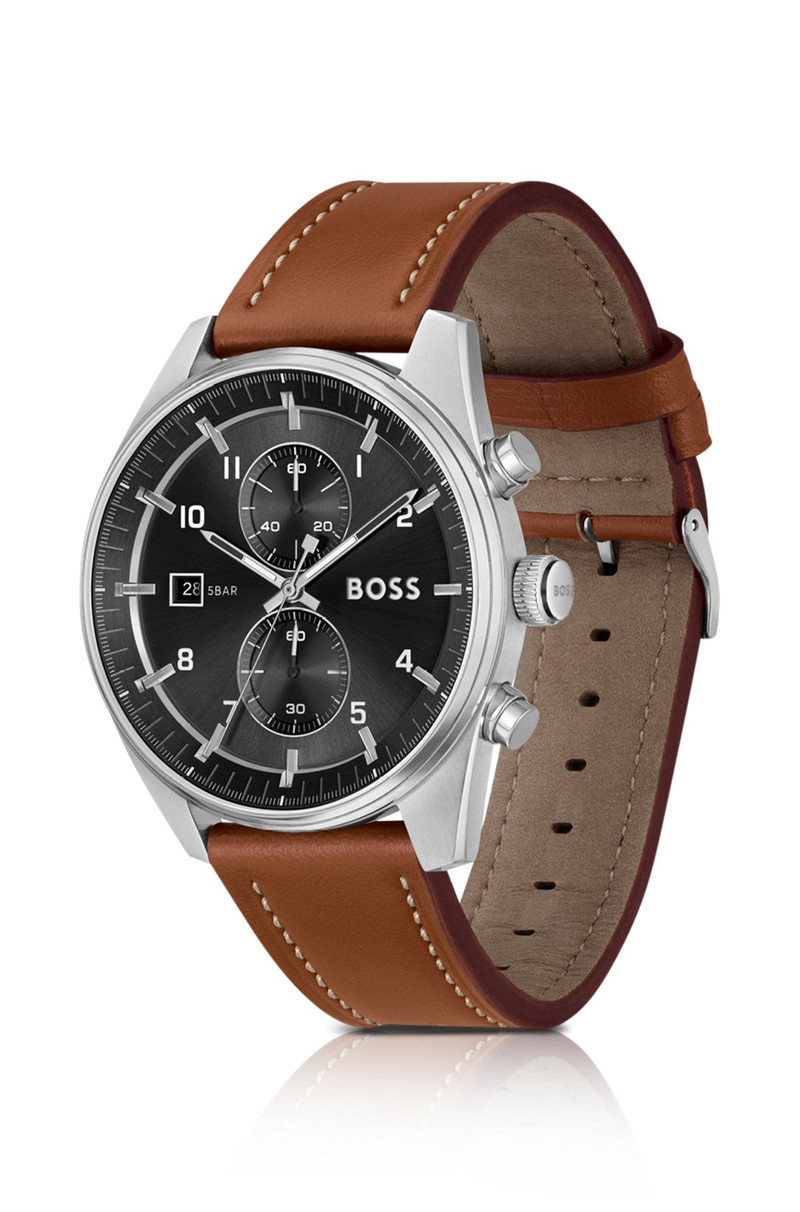 BOSS BLACK-DIAL CHRONOGRAPH WATCH WITH BROWN LEATHER STRAP outlook