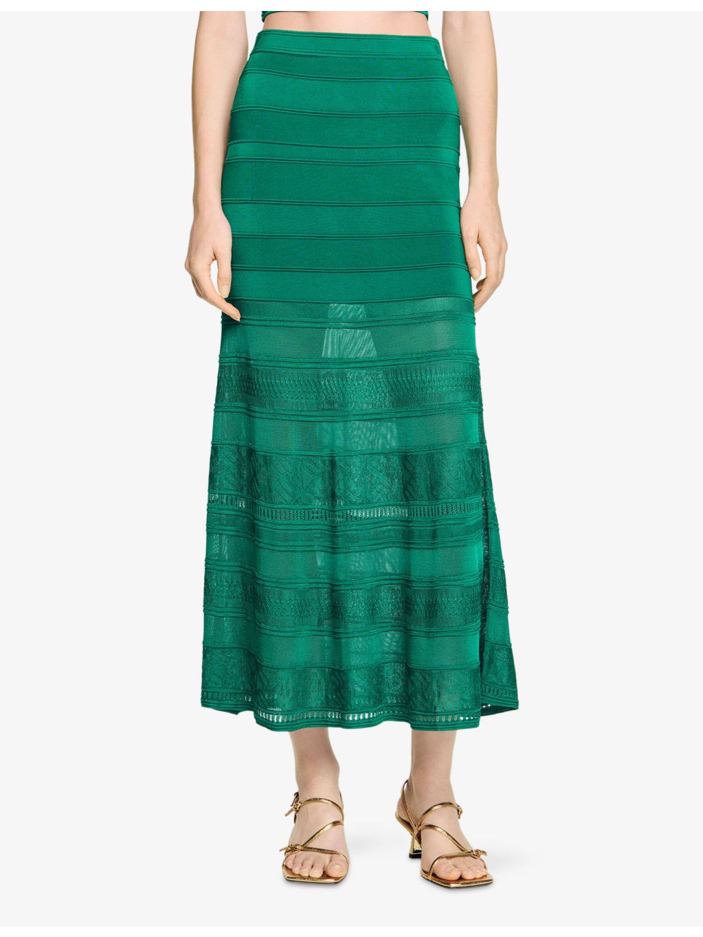 High-Rise Decorative-Stitch Knitted Midi Skirt - 3