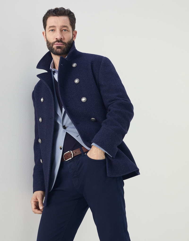 Wool and cashmere diagonal double cloth pea coat with metal buttons 4