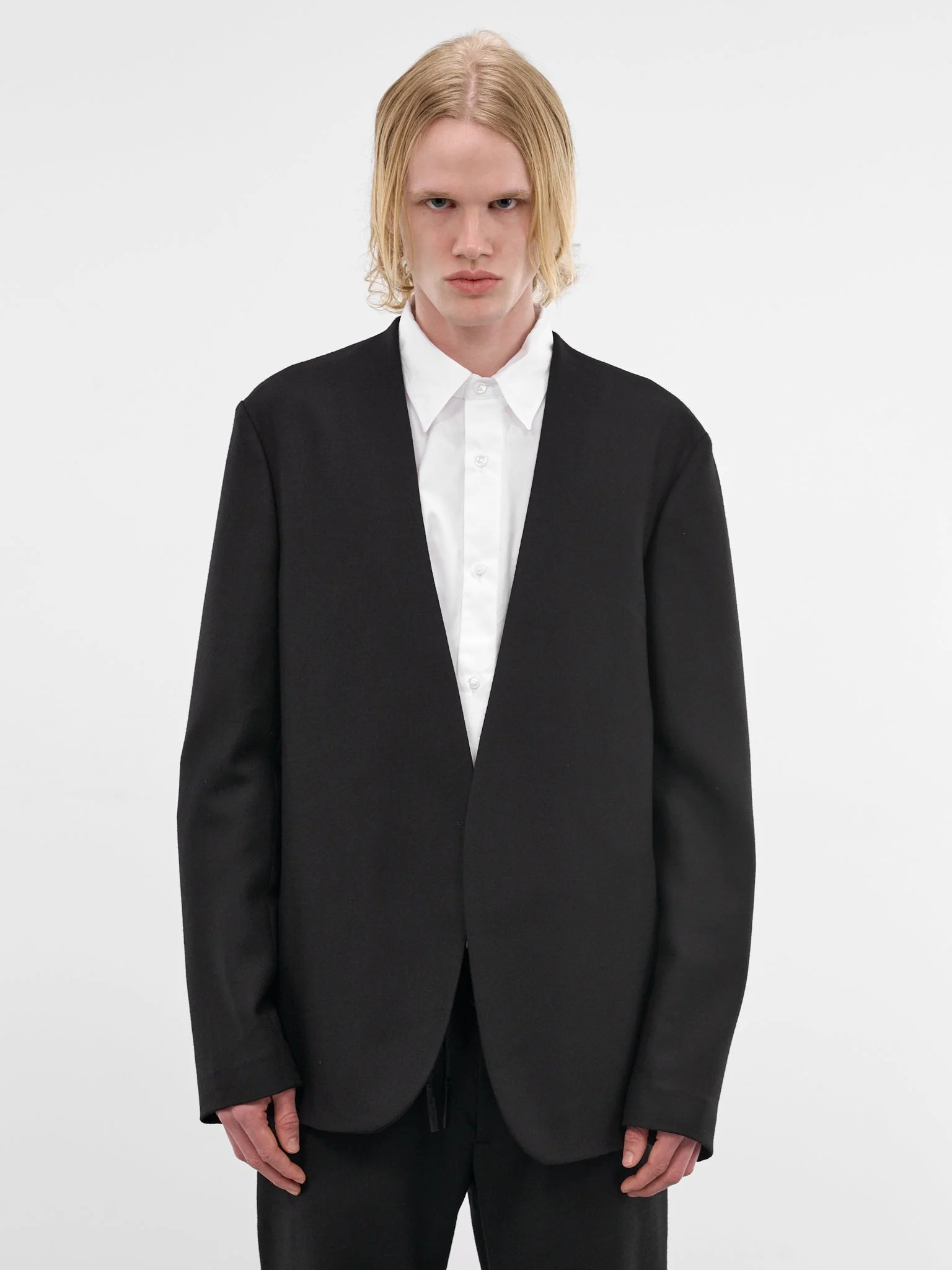 Black Wool Collarless Blazer - 1