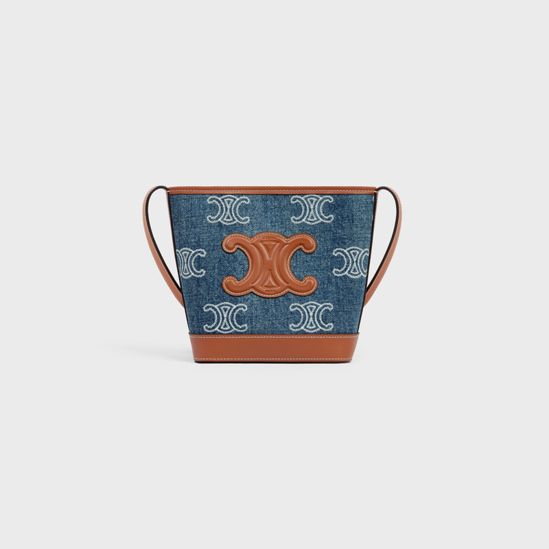MINI BUCKET CUIR TRIOMPHE in DENIM WITH TRIOMPHE ALL-OVER EMBROIDERY AND CALFSKIN 1