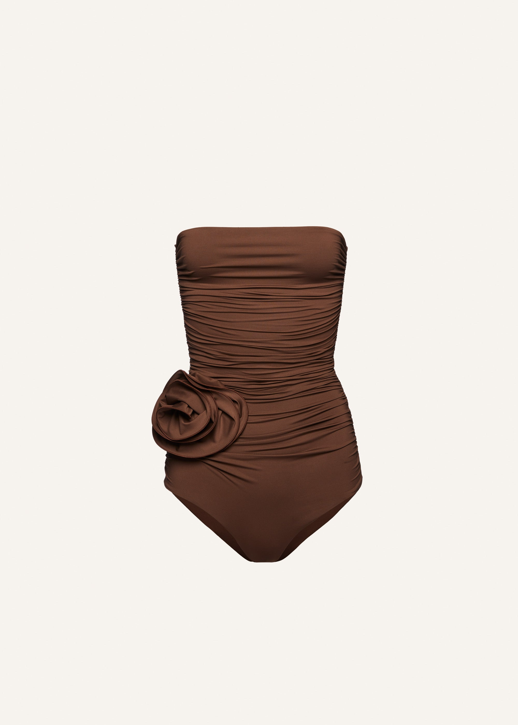 Flower appliqué strapless draped swimsuit in brown - 1