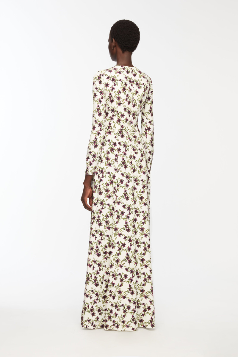 Silverio Dress In Purple & Olive Lillies On Ivory Silk Crepe De Chine 4