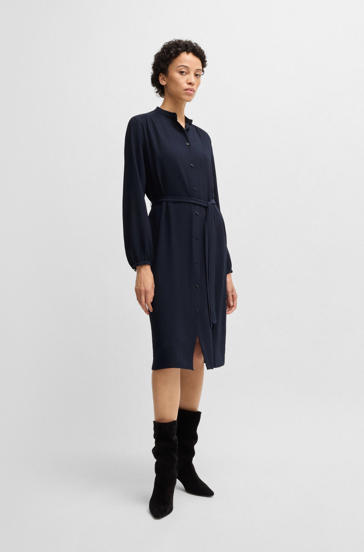 BELTED SHIRT DRESS IN CREPE GEORGETTE WITH STAND COLLAR - 3