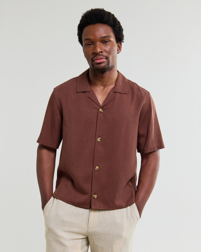 Wax London Curzon - Brown Lyocell Twill Short-Sleeve Shirt outlook