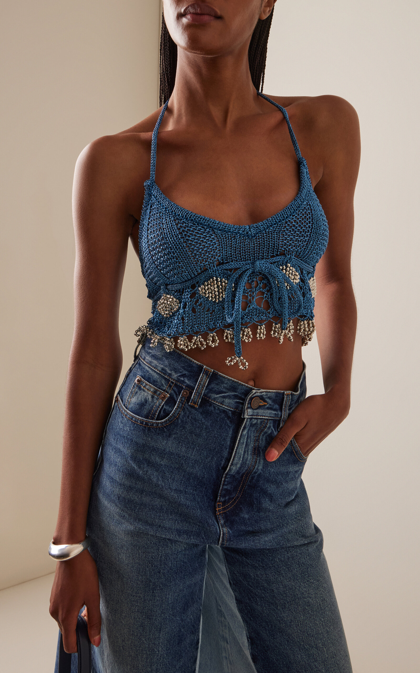 Embellished Metallic Knit Top turquoise - 3