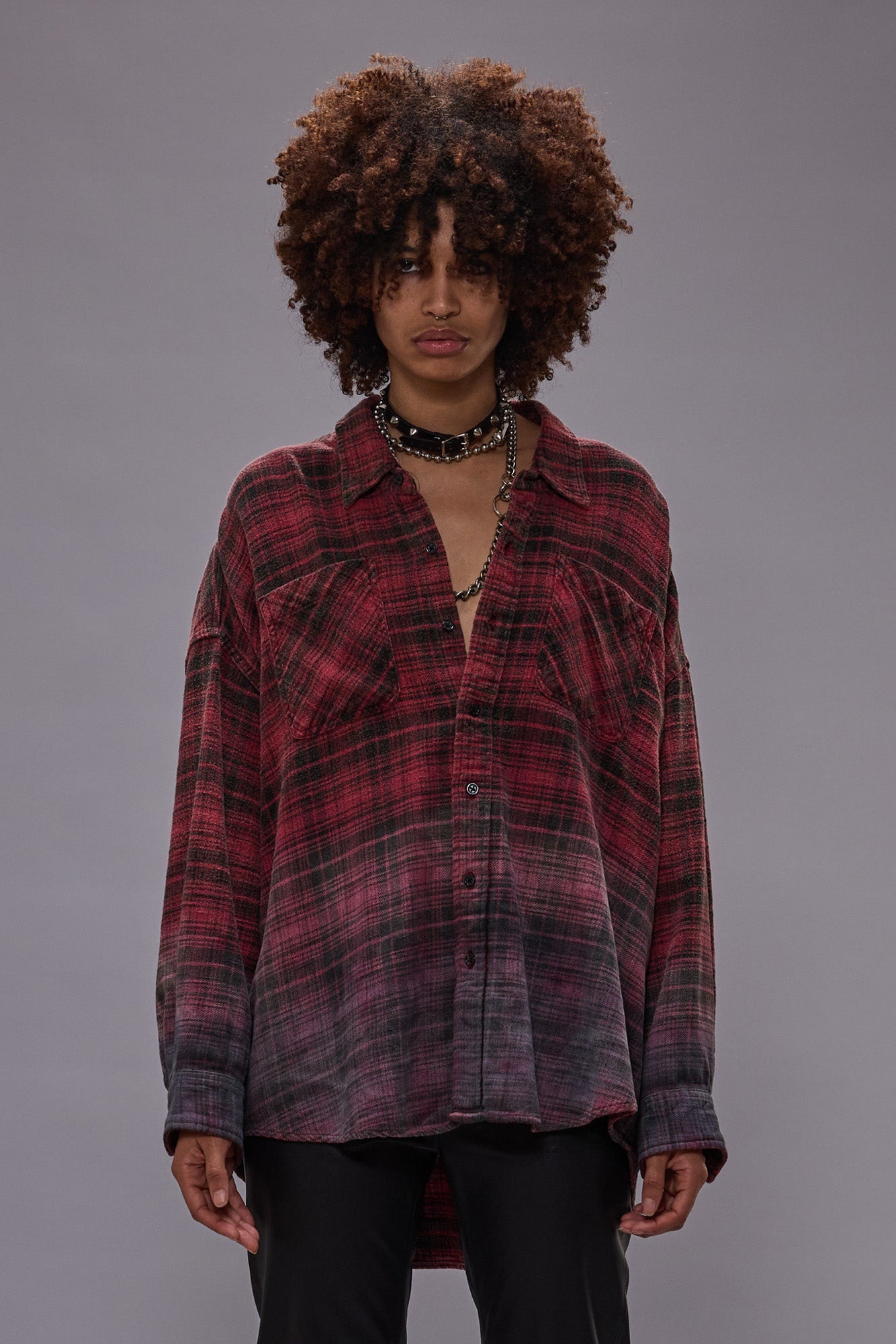 DROP NECK WORKSHIRT - DIP DYE RED PLAID - 2