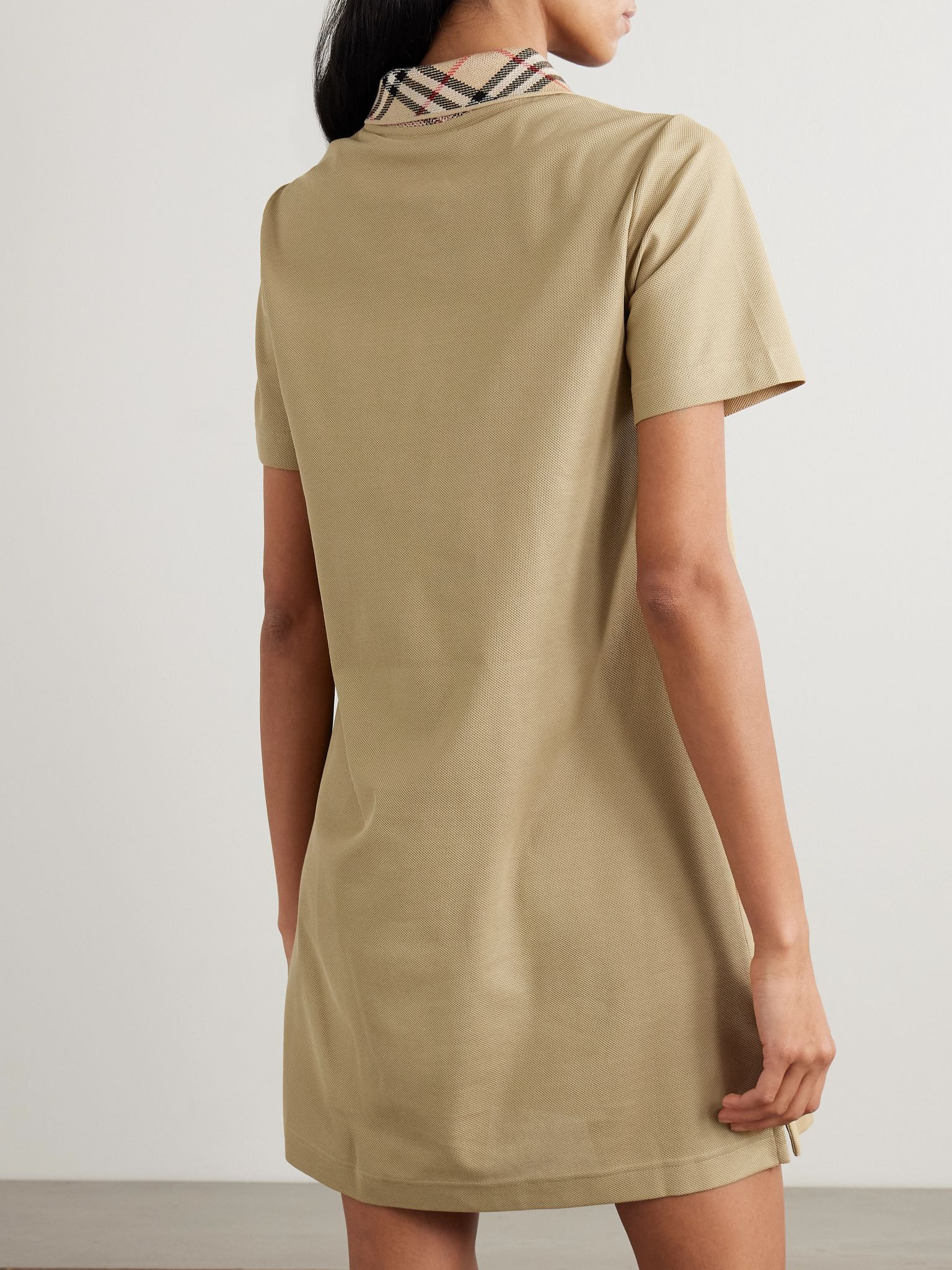 Checked embroidered cotton-piqué mini dress Beige - 3