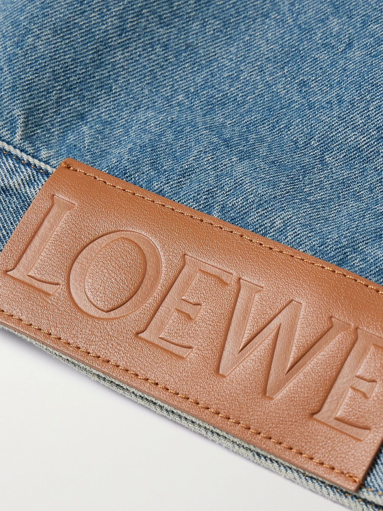 Anagram Leather-Trimmed Cutout Denim Trucker Jacket Blue - 6