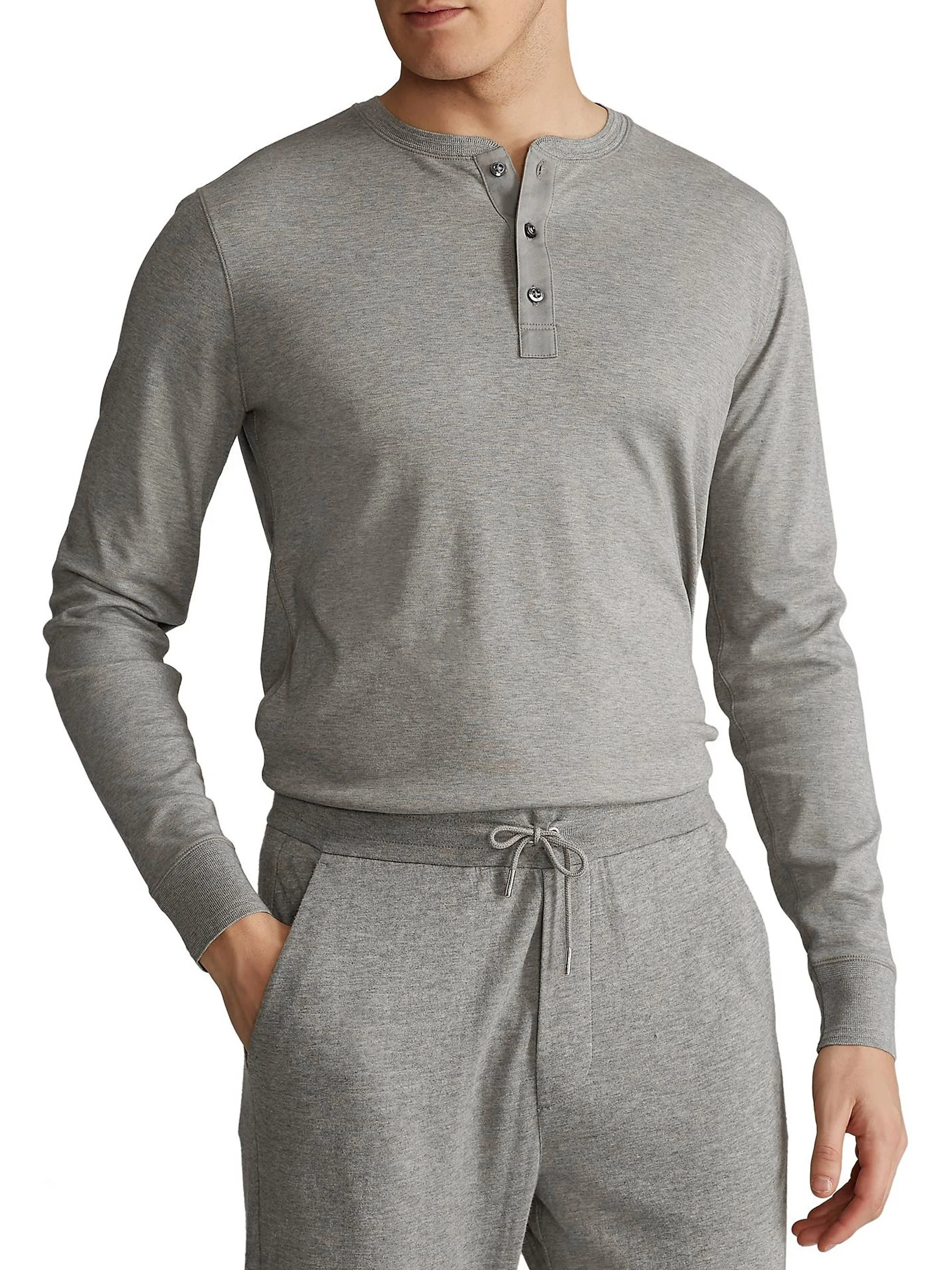 Men's Long-Sleeve Cotton Henley T-Shirt - Light Grey - 1