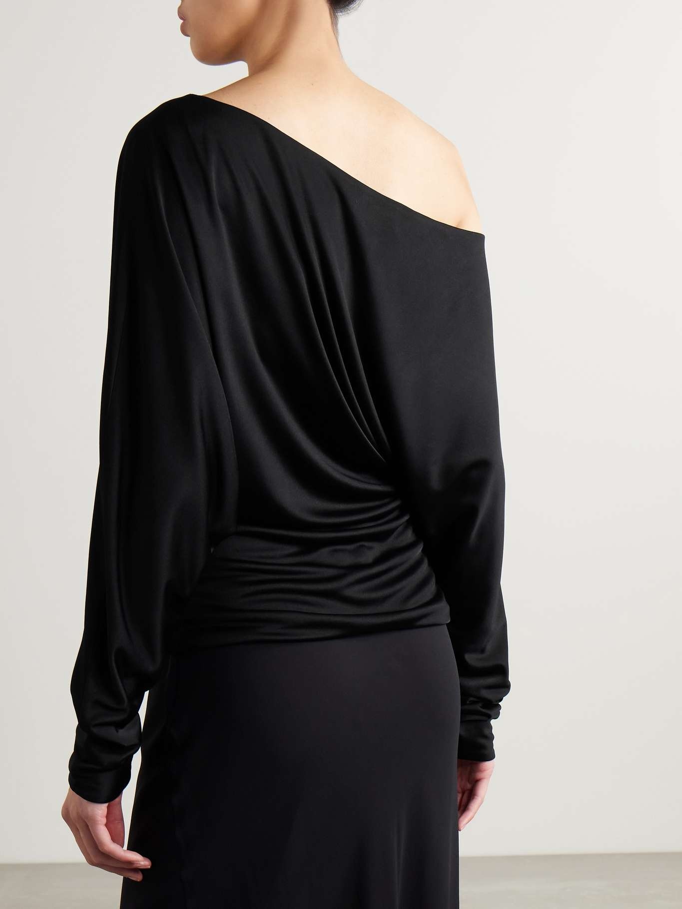 Juno off-the-shoulder gathered satin-jersey top - 3