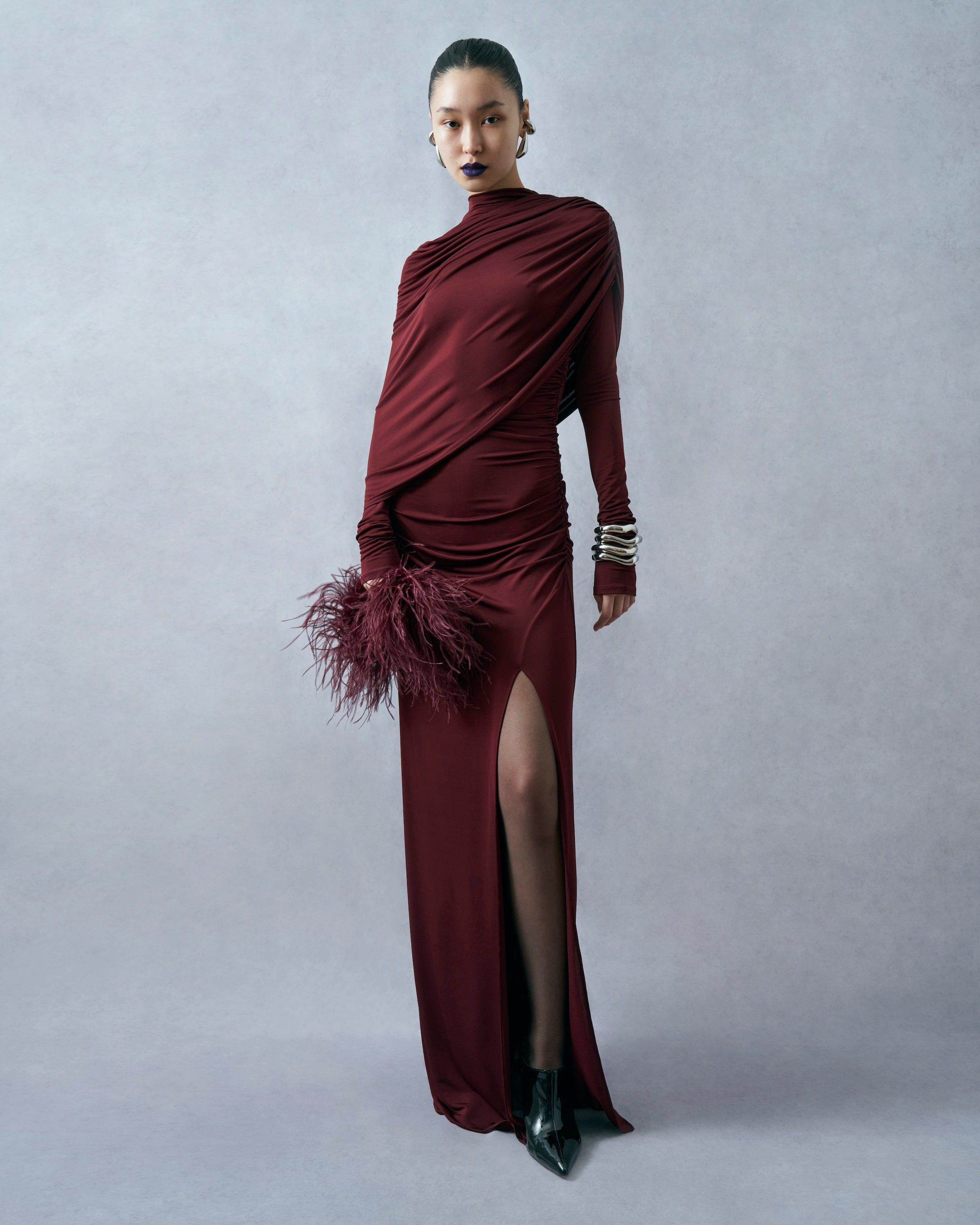 Jersey Asymmetrical Shawl Draped Gown - 4