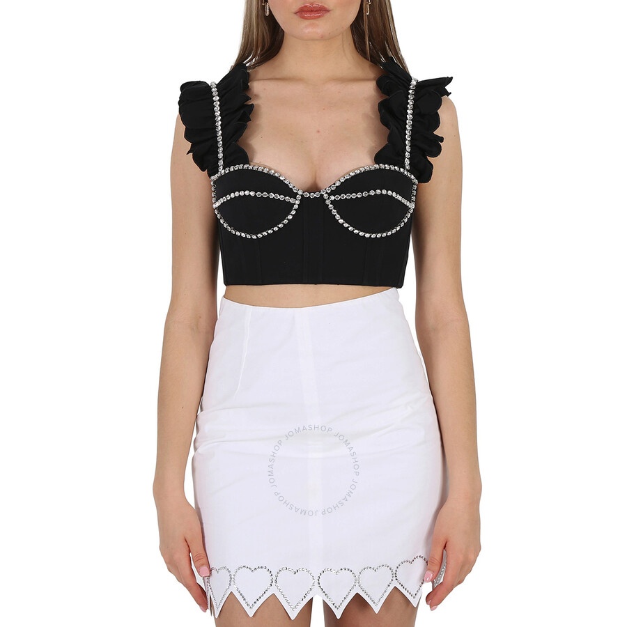 Area Ladies Crystal Embellished Poplin Ruffle Bustier Cropped Top - 3