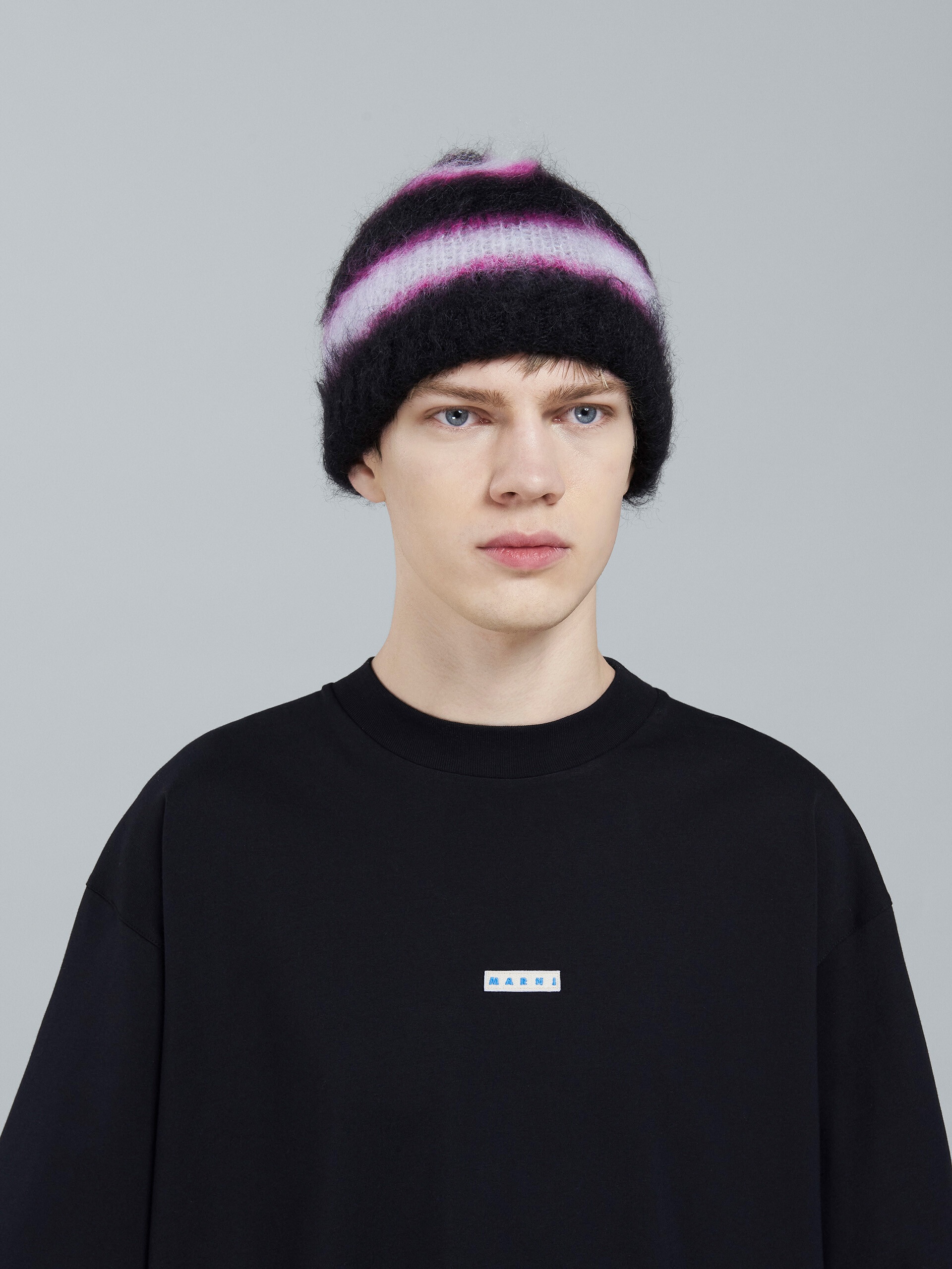 BLACK STRIPED MOHAIR AND WOOL BEANIE - 2