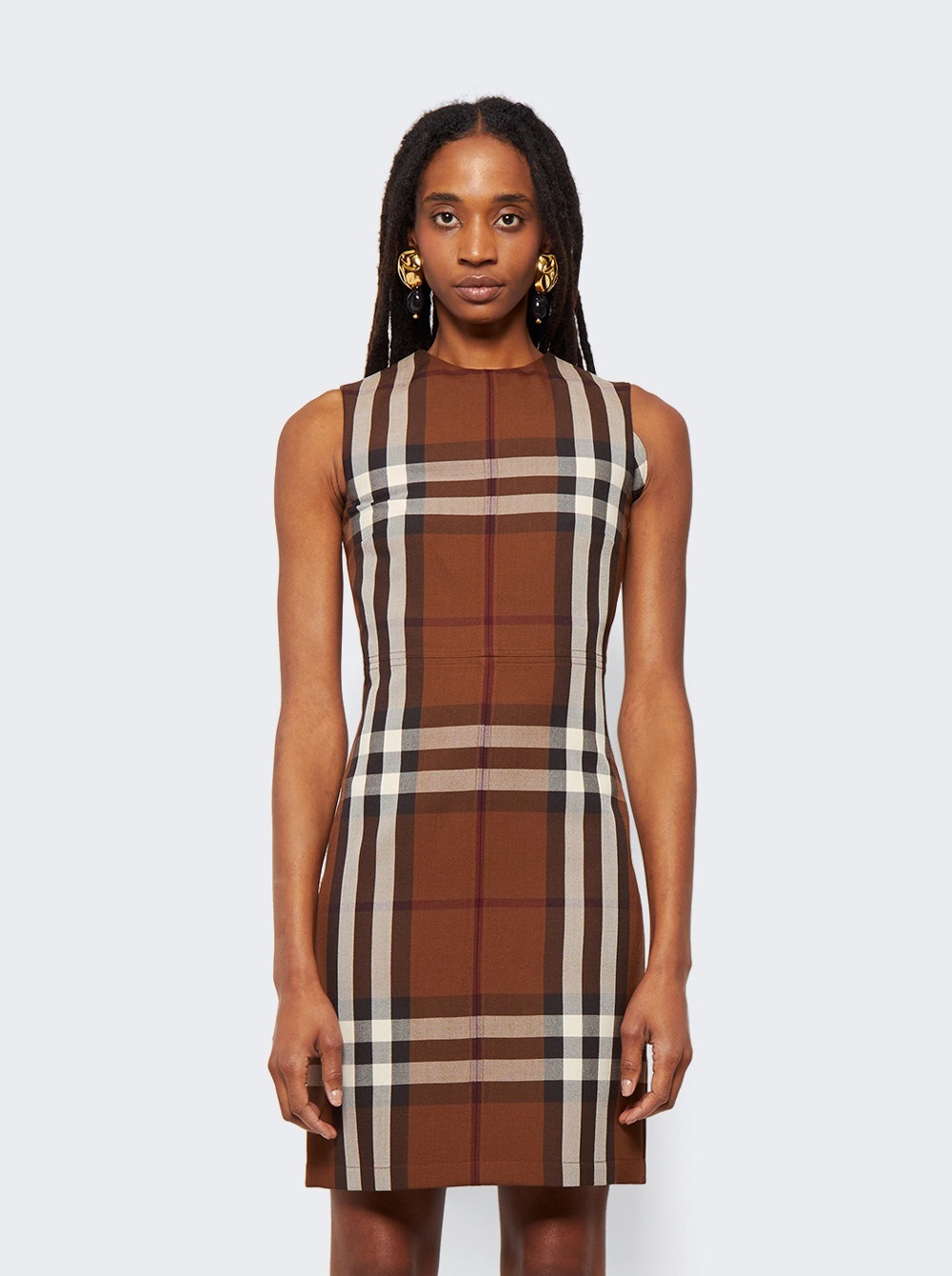 Sleeveless Check Wool Jacquard Dress Dark Birch Brown - 3