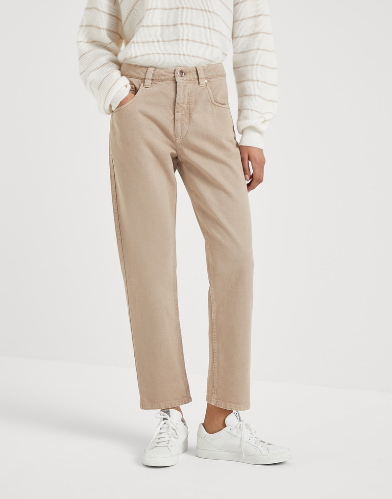 Stretch dyed denim straight trousers with shiny bartack 1