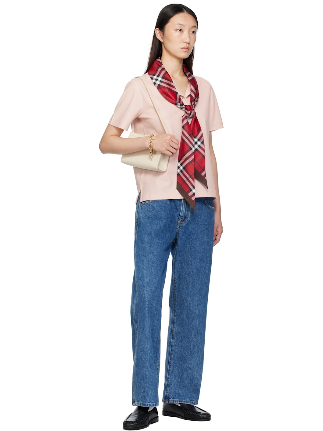 Red & Burgundy Skinny Contrast Check Silk Scarf - 2