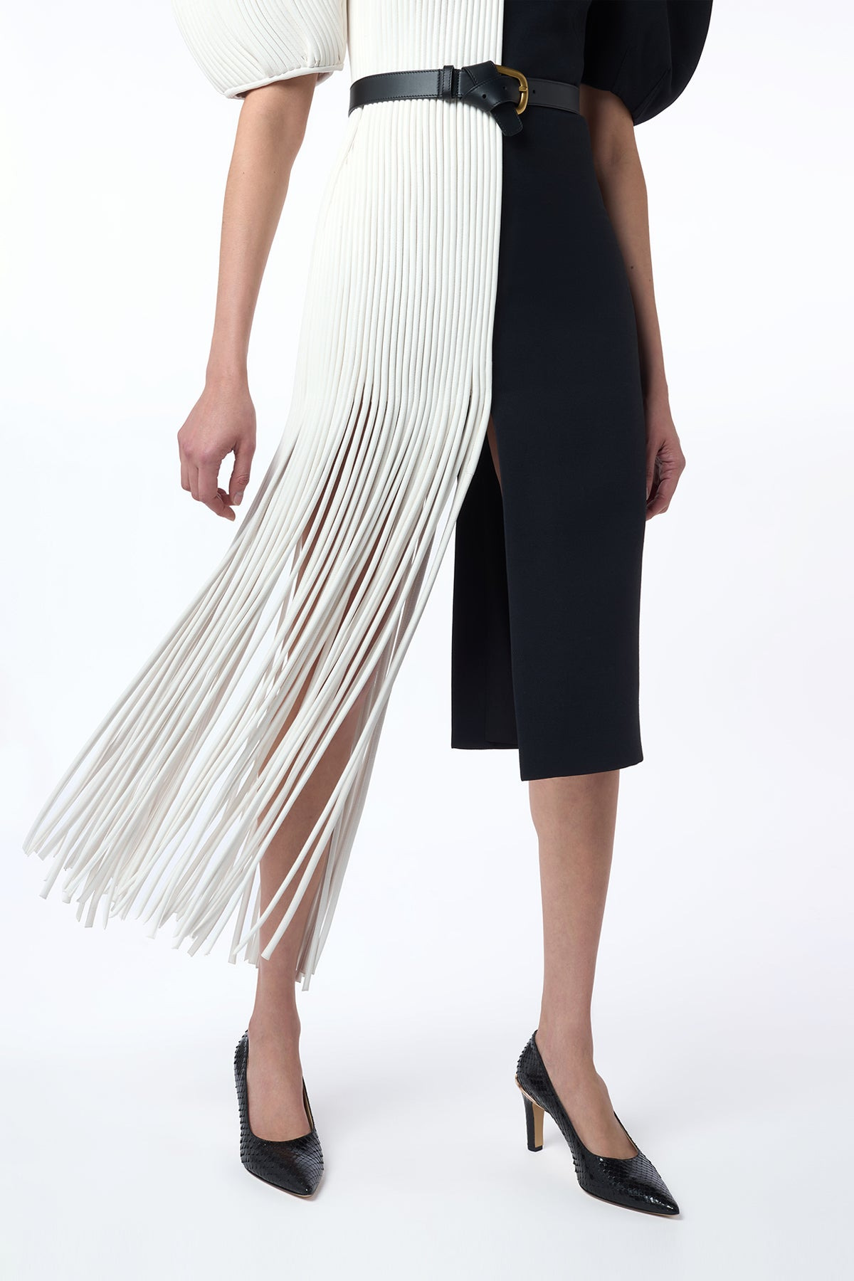 Lysander Fringe Midi Dress in Ivory Nappa Leather & Black Wool Silk Cady - 9
