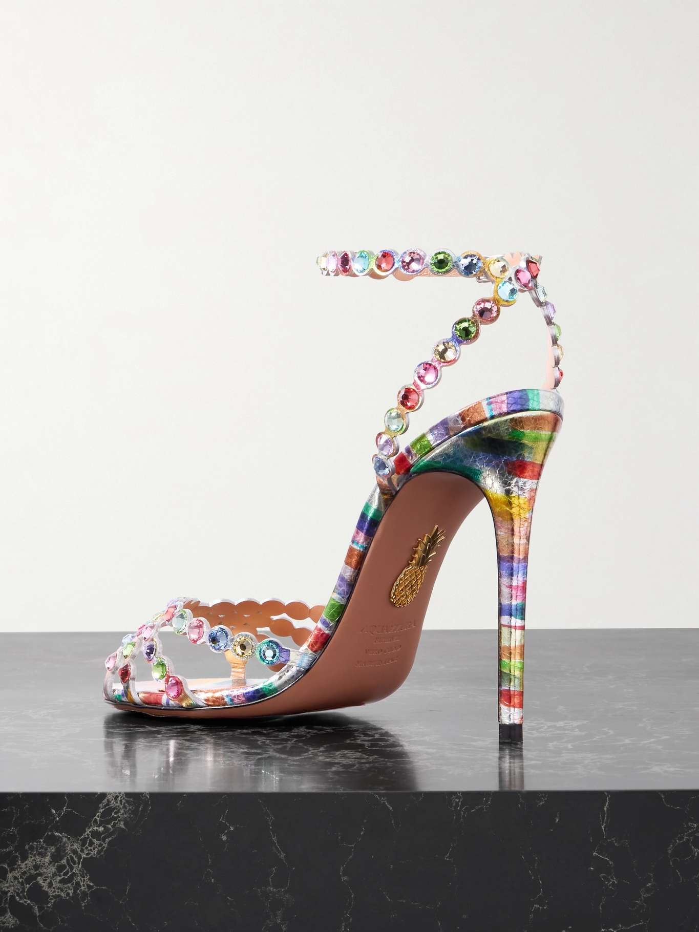 AQUAZZURA Tequila 105 crystal-embellished printed metallic