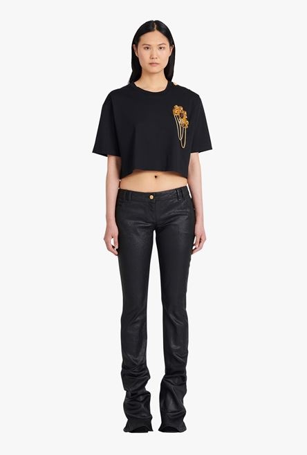 Cropped black and gold cotton T-shirt - 4