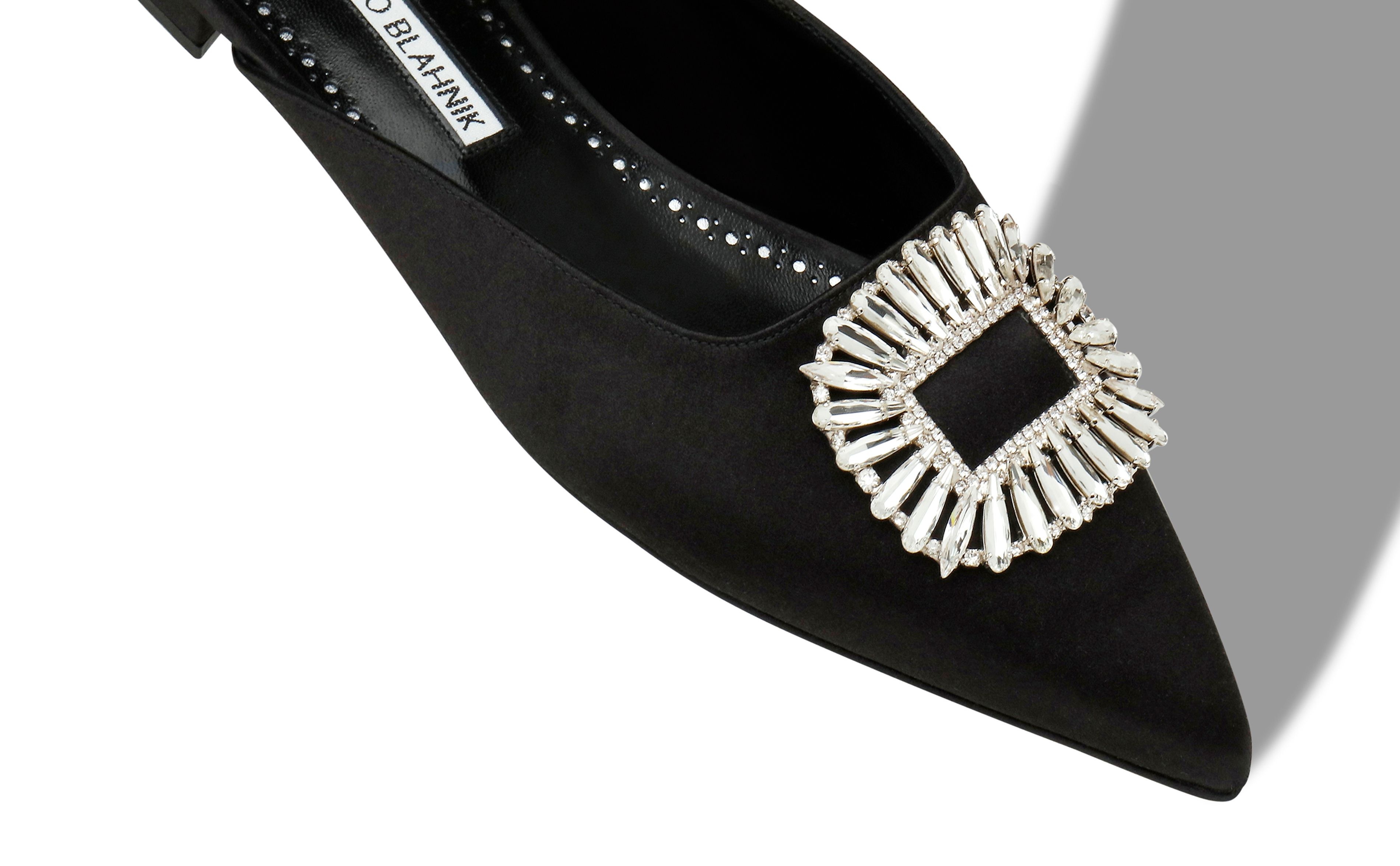 Black Satin Shell Crystal Embellished Mules - 4