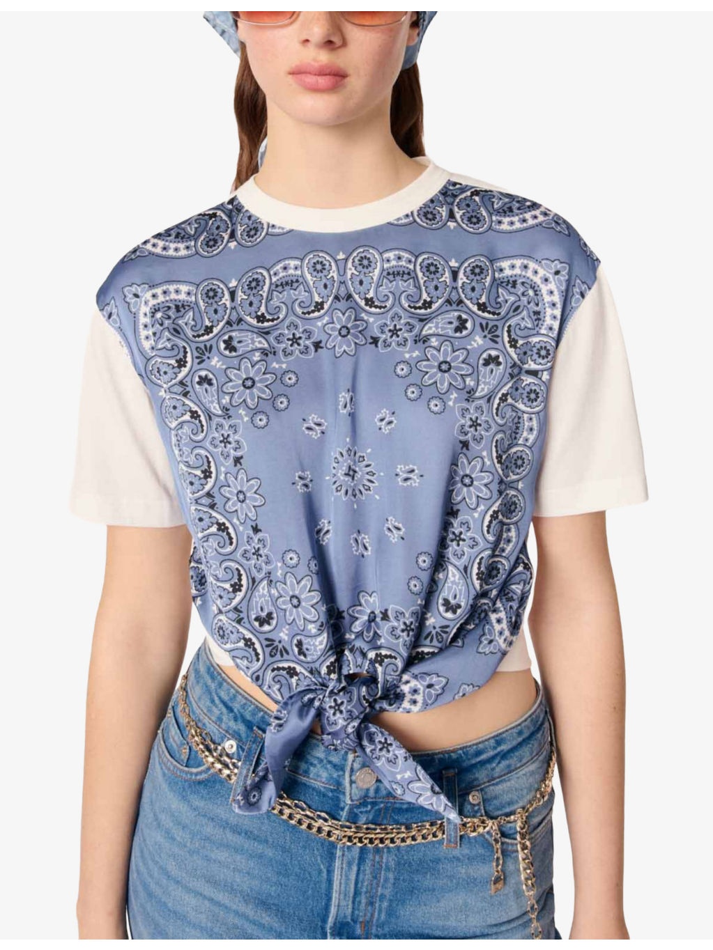 Bandana-Print Tie-Front Cotton T-Shirt - 5