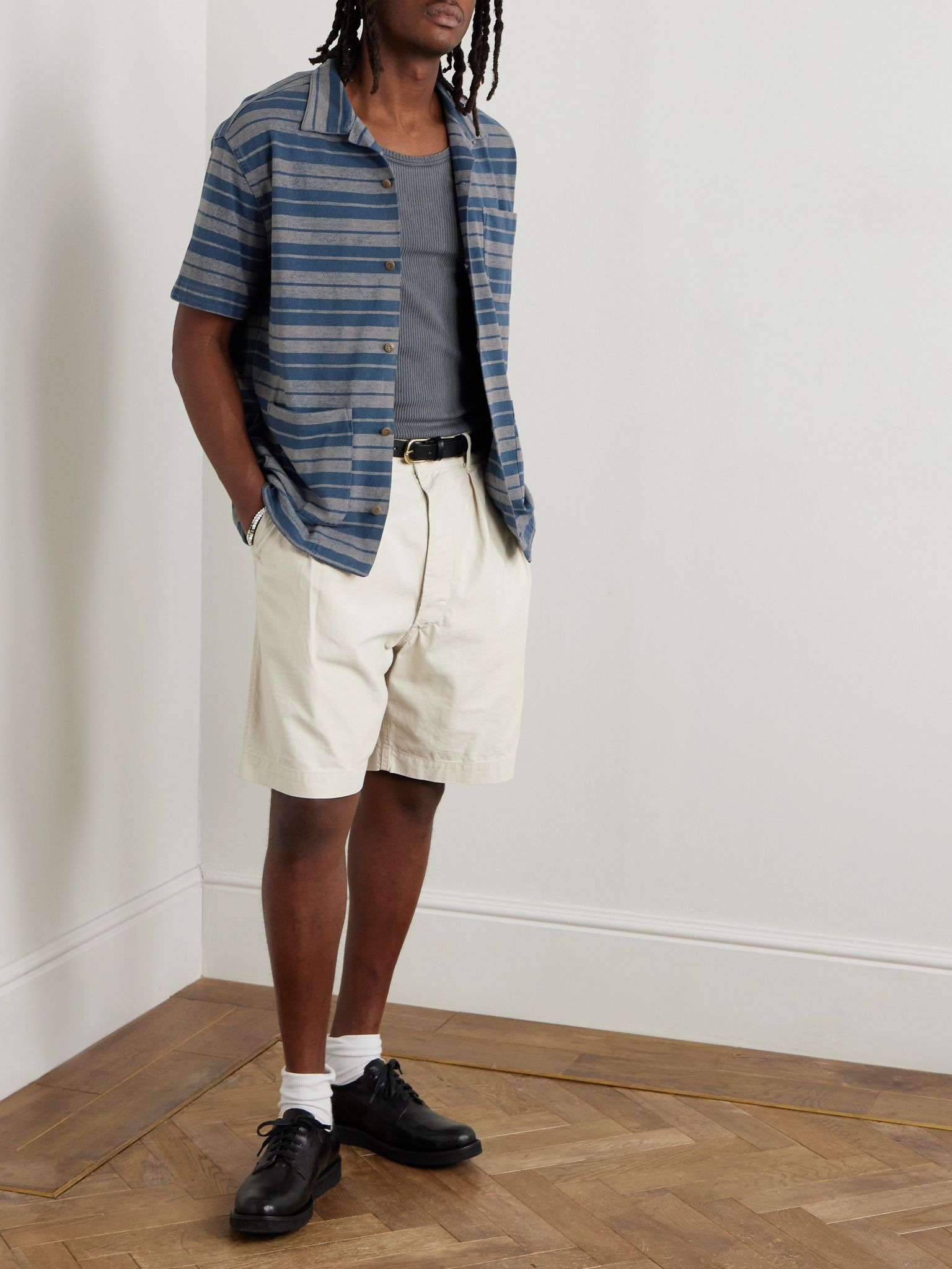 Jasper Convertible-Collar Indigo-Dyed Striped Cotton Shirt Blue - 2